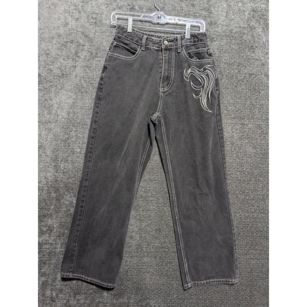 Washed Black Contrast Stitch Tribal Embroidered Baggy Leg Jeans Small